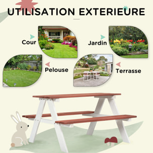 Table de pique-nique enfant - 2 bancs - assises, plateau à lattes - bois sapin blanc brique