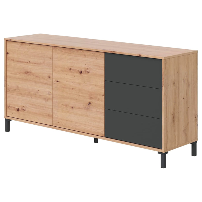 Credenza Industriale Moderna Con 2 Ante E 3 Cassetti Madia Mobile Contenitore Salvaspazio Soggiorno Sala Pranzo 74x154x41 Cm Rovere e Grigio Antracite