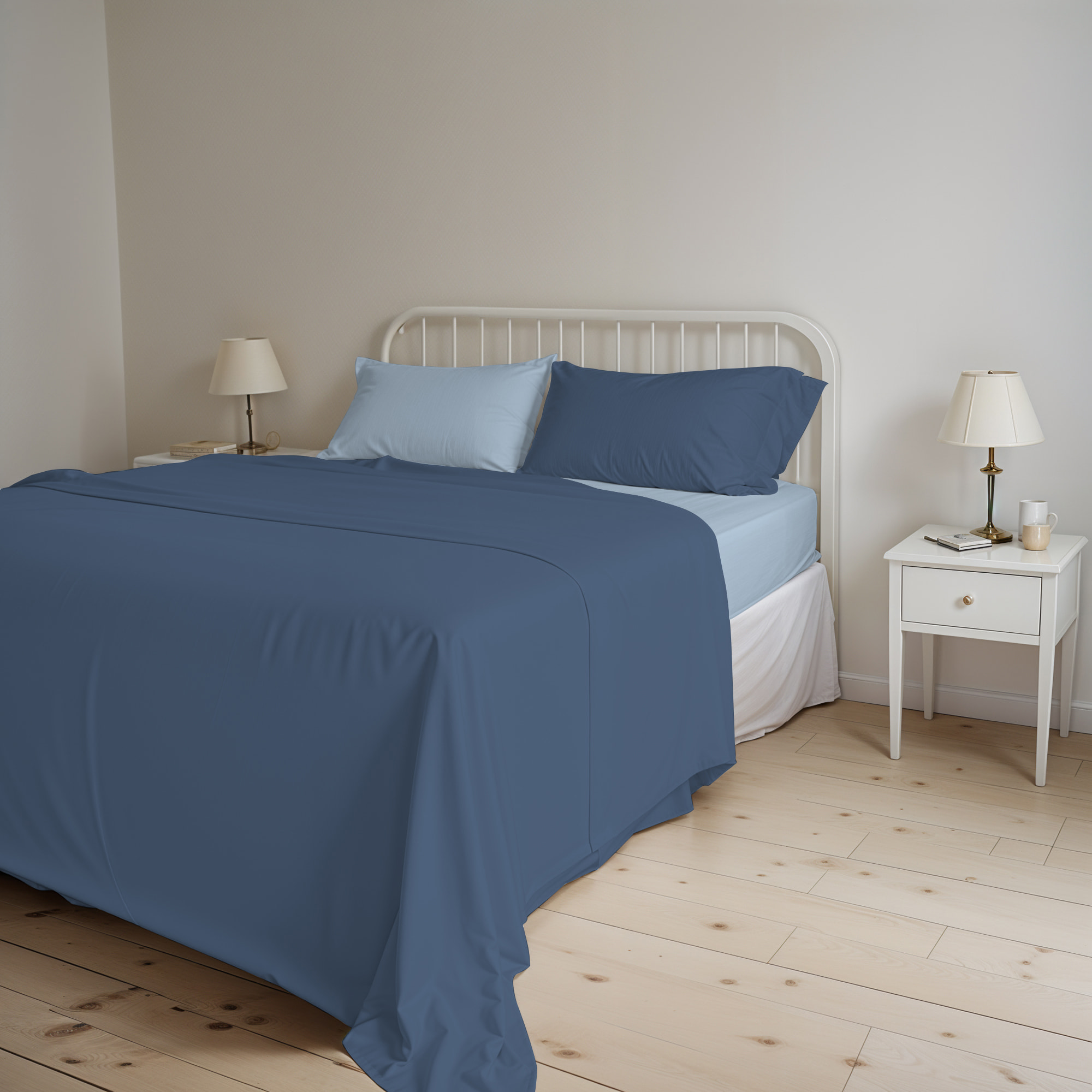COMPLETO LETTO NATURAL COLOR, 100% Cotone, Made in Italy - AVIO/AZZURRO