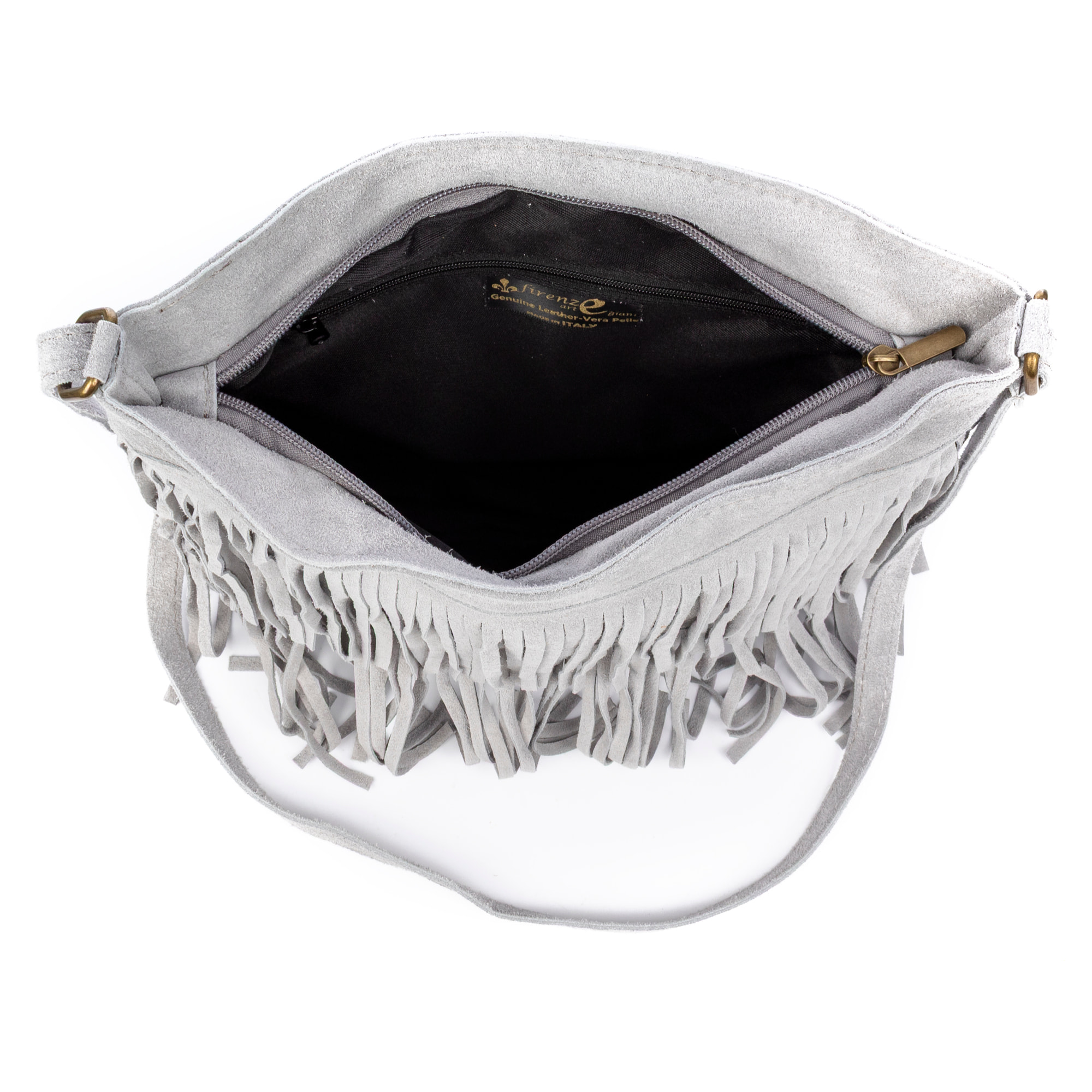 Borsa a tracolla Avise con frange donna. Vera pelle scamosciata.