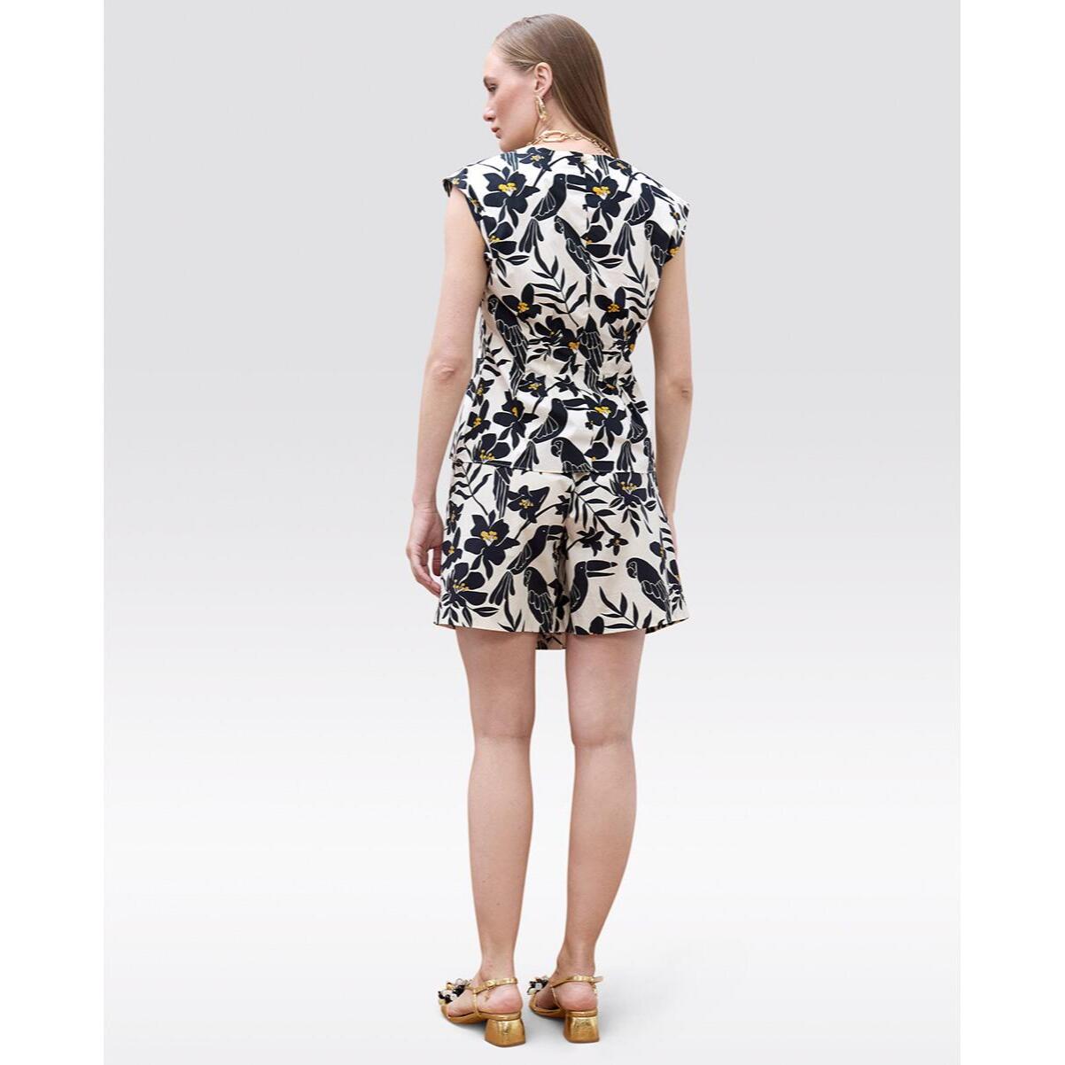 Top in popeline con stampa a foglie di pappagallo e scollo a V