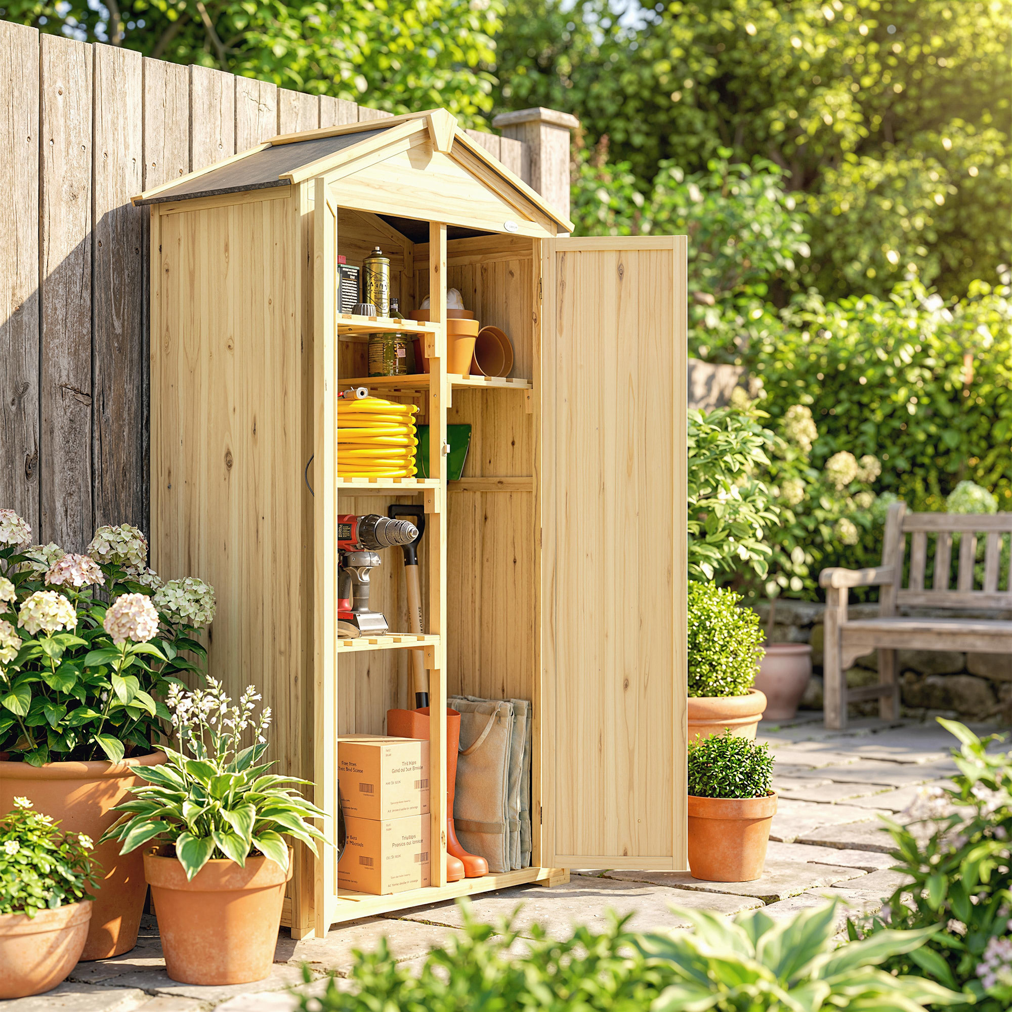 Armoire de jardin 3 portes 4 étagères compartiment et crochets bois