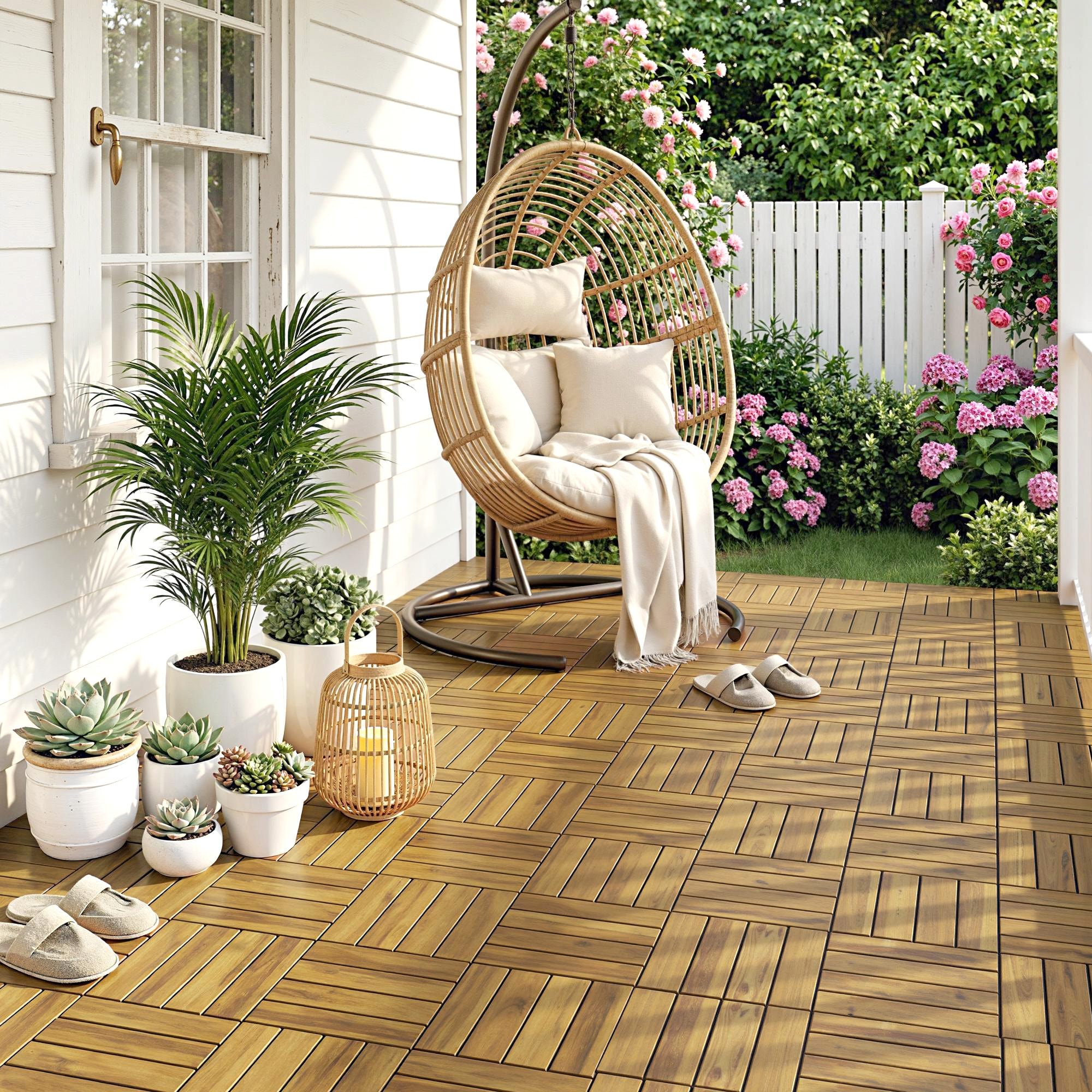 Set de 10 Piezas Baldosas de Exterior de Madera de Acacia, 31x31 cm, 0,91 m², Suelo de Terraza Exterior, Antideslizantes y Resistentes al Clima, Fácil Instalación, para Terraza, Natural