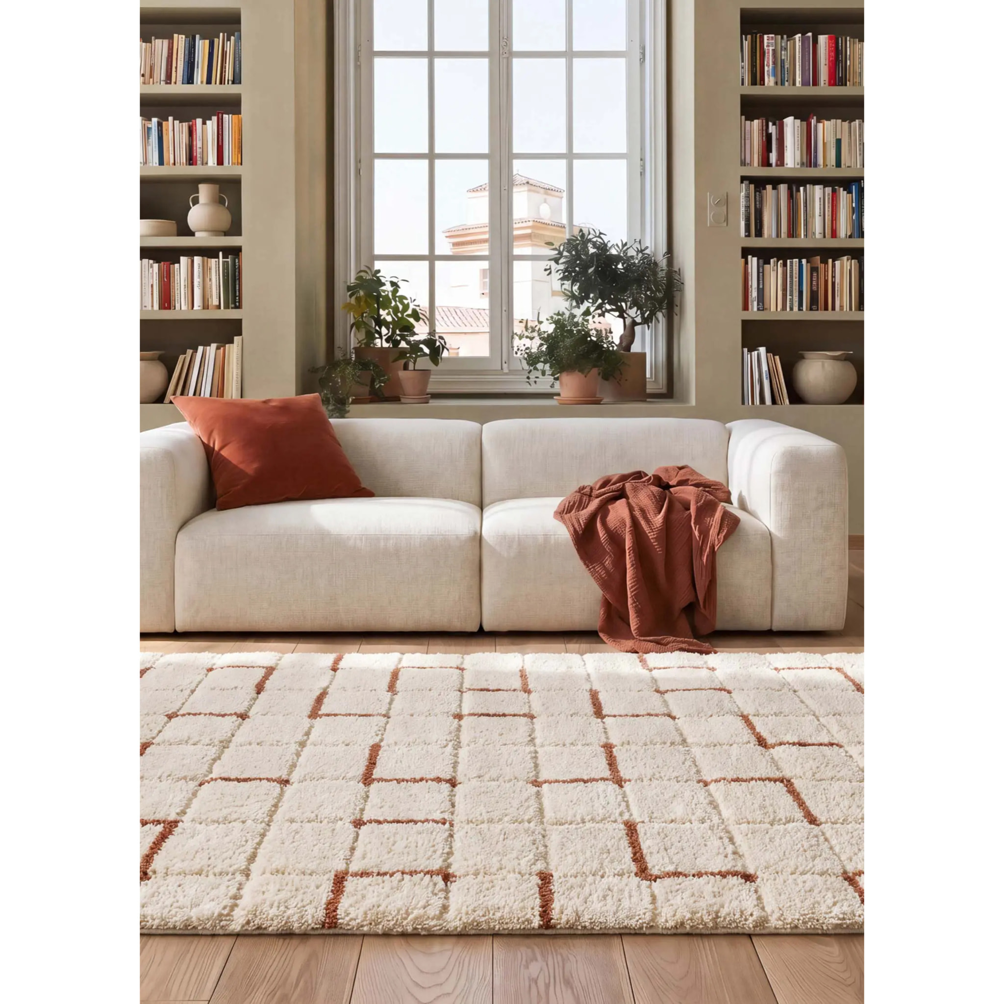 BRENDA Alfombra shaggy geométrica con relieve blanco y motivos caldera, varias medidas disponibles