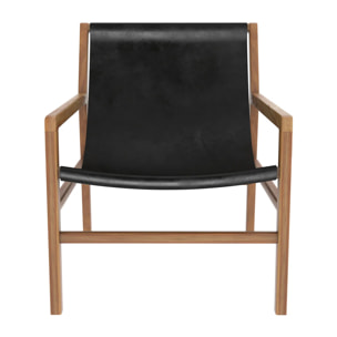 Fauteuil lounge en teck et cuir de vachette noir - Apache