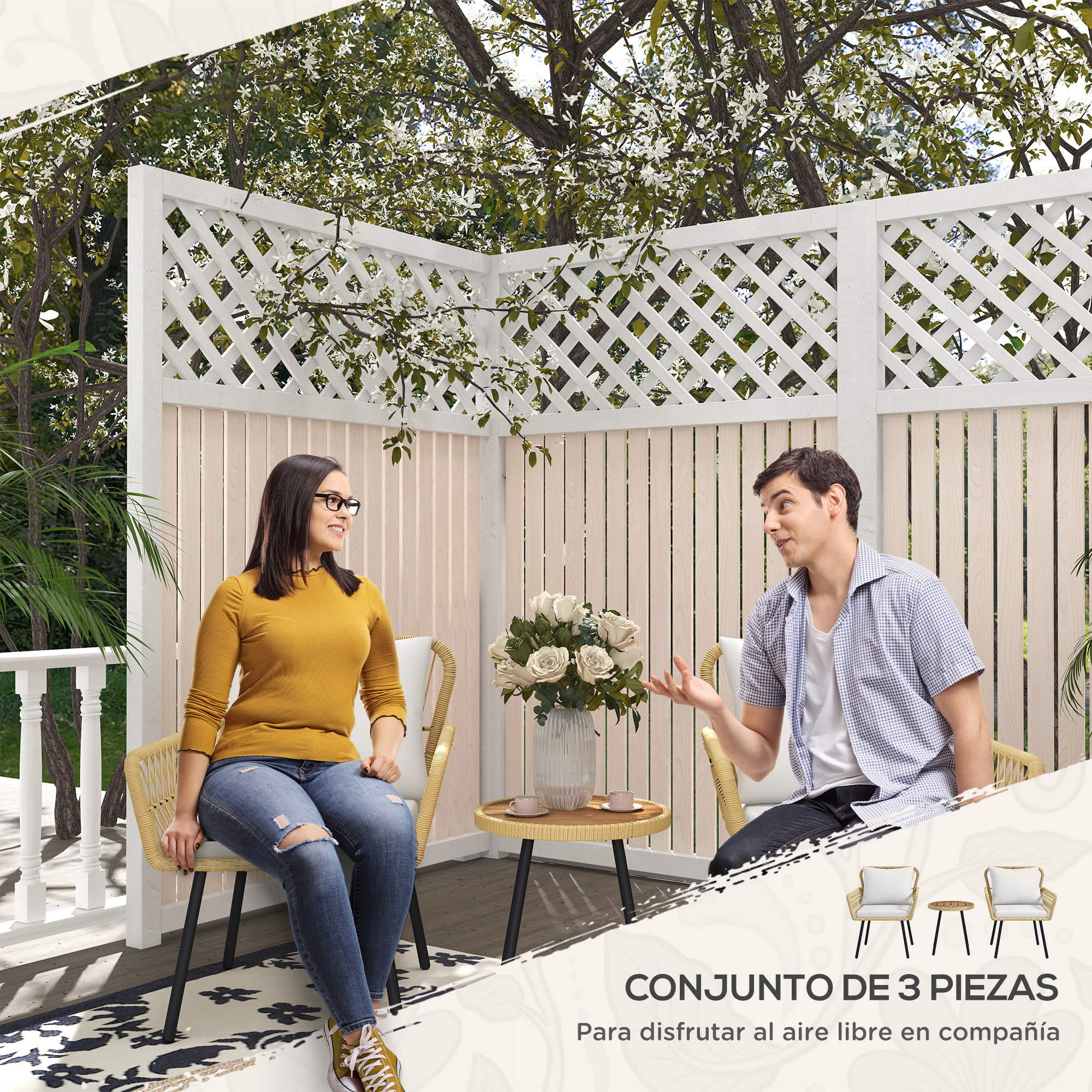 Conjunto de Mesa y Sillas de Jardín Exterior Juego de 3 Piezas Sillas y Mesa de Ratán con 2 Sillas 1 Mesa de Centro Redonda y Cojines para Terraza Césped Balcón Natural