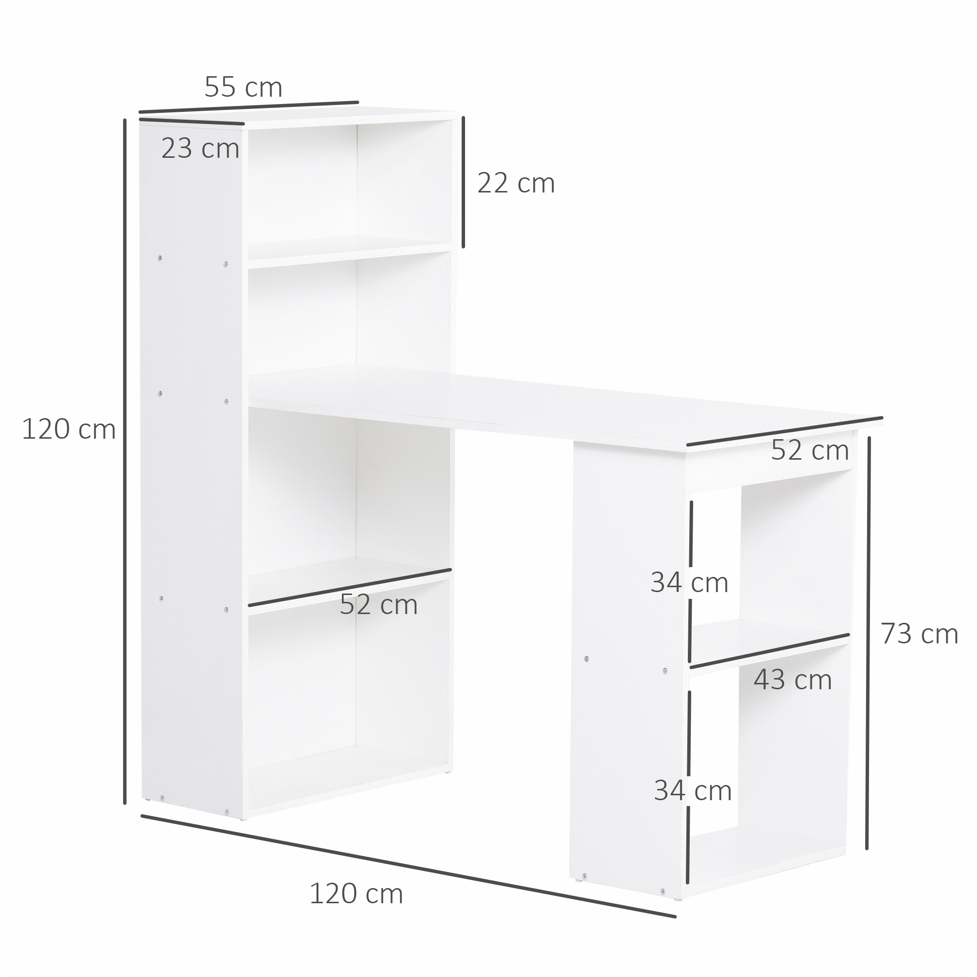 Bureau informatique 120L x 55l x 120H cm bibliothèque adjacente multi-rangements blanc