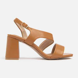 Sandalo con fasce a sbieco e tacco ampio - CAMELLO