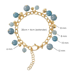 Bracciale in Argento 925 Placcato Oro Giallo 18kt con Ciondoli Sfere Martellate e in Pietra Naturale Quarzite Celeste