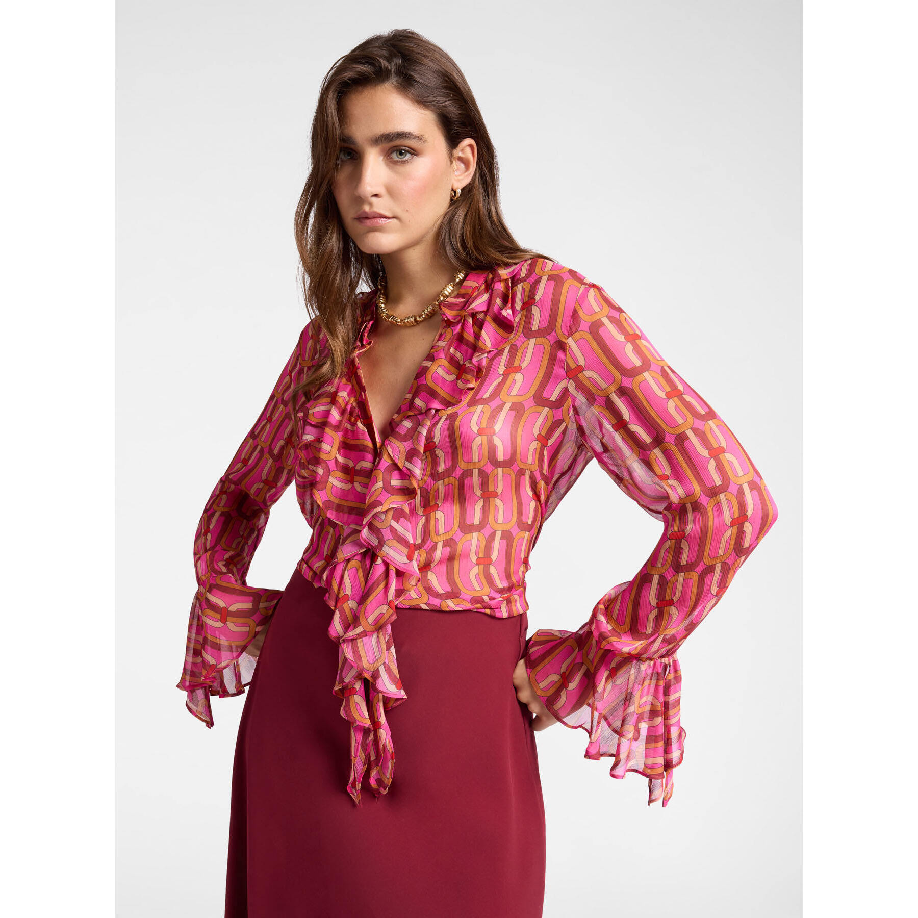 Elena Mirò - Camisa estampada con volantes - Fuchsia