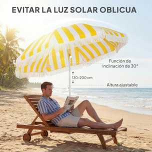 Sombrilla de Playa con Flecos Ø180 cm, Sombrilla de Terraza Exterior con Altura Ajustable, Inclinación 30°, Anclaje Arena y Bolsa de Transporte, Amarillo y Blanco
