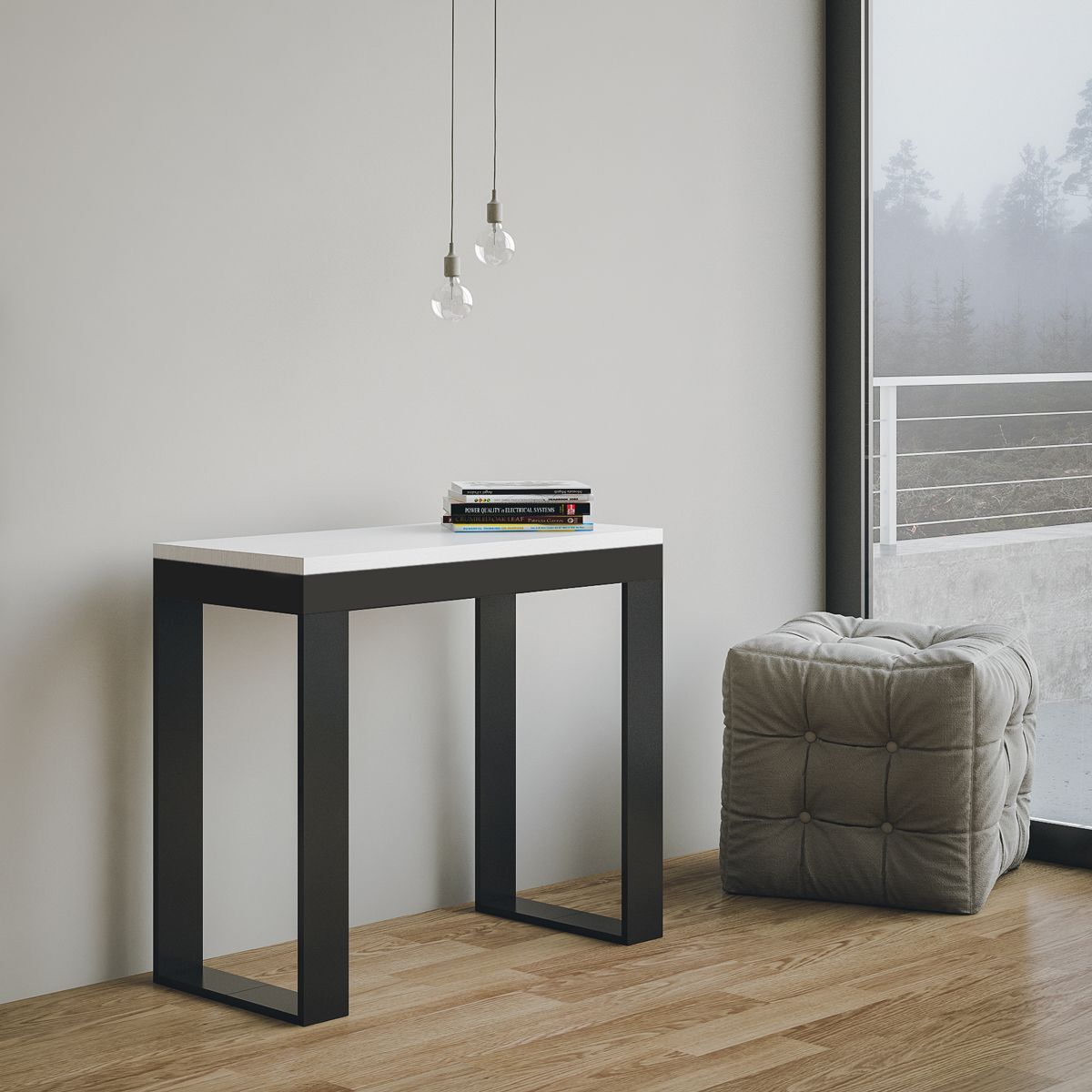 Consolle allungabile 90x40/300 cm Tecno Evolution Bianco Frassino telaio Antracite.
