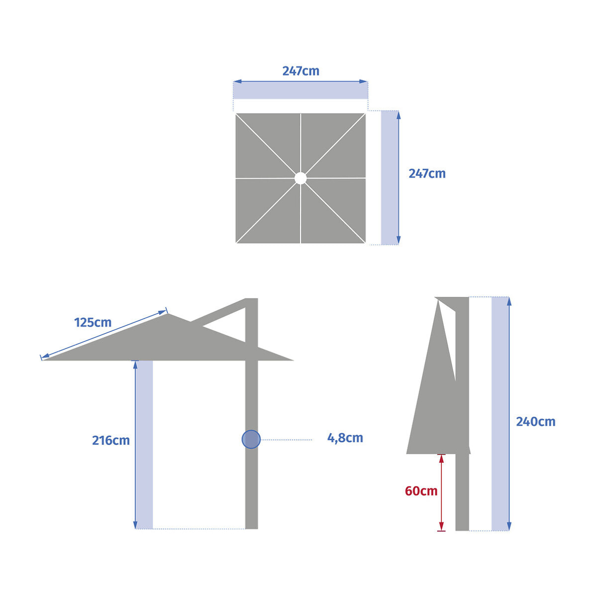 Parasol déporté carré "Manoa" Ambre 2,5 x 2,5m en aluminium acier et polyester