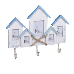 Appendino mare in legno da 3 posti con portafoto multiplo da 5 foto, cabina cm46,5x35x4,5