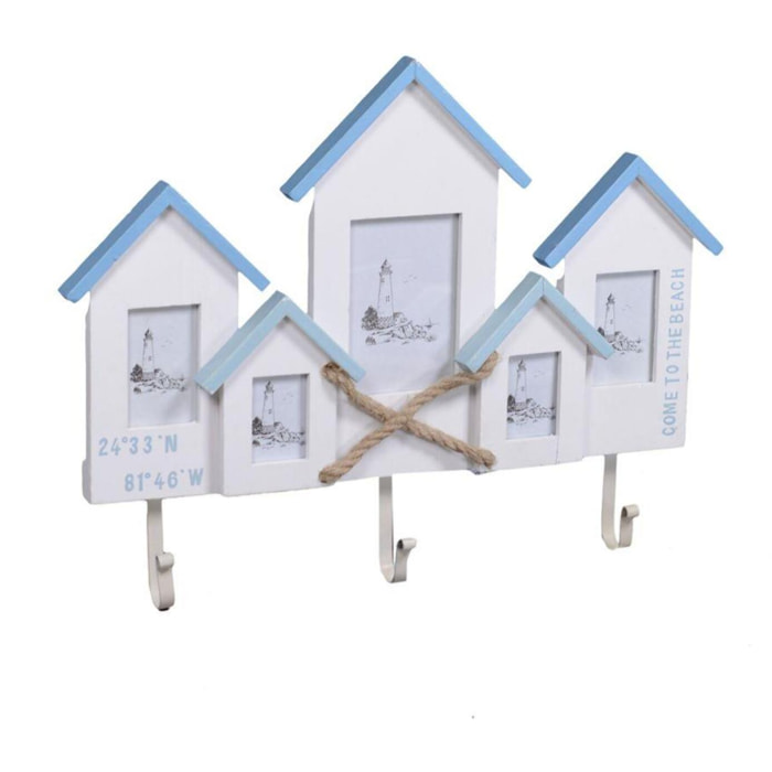 Appendino mare in legno da 3 posti con portafoto multiplo da 5 foto, cabina cm46,5x35x4,5