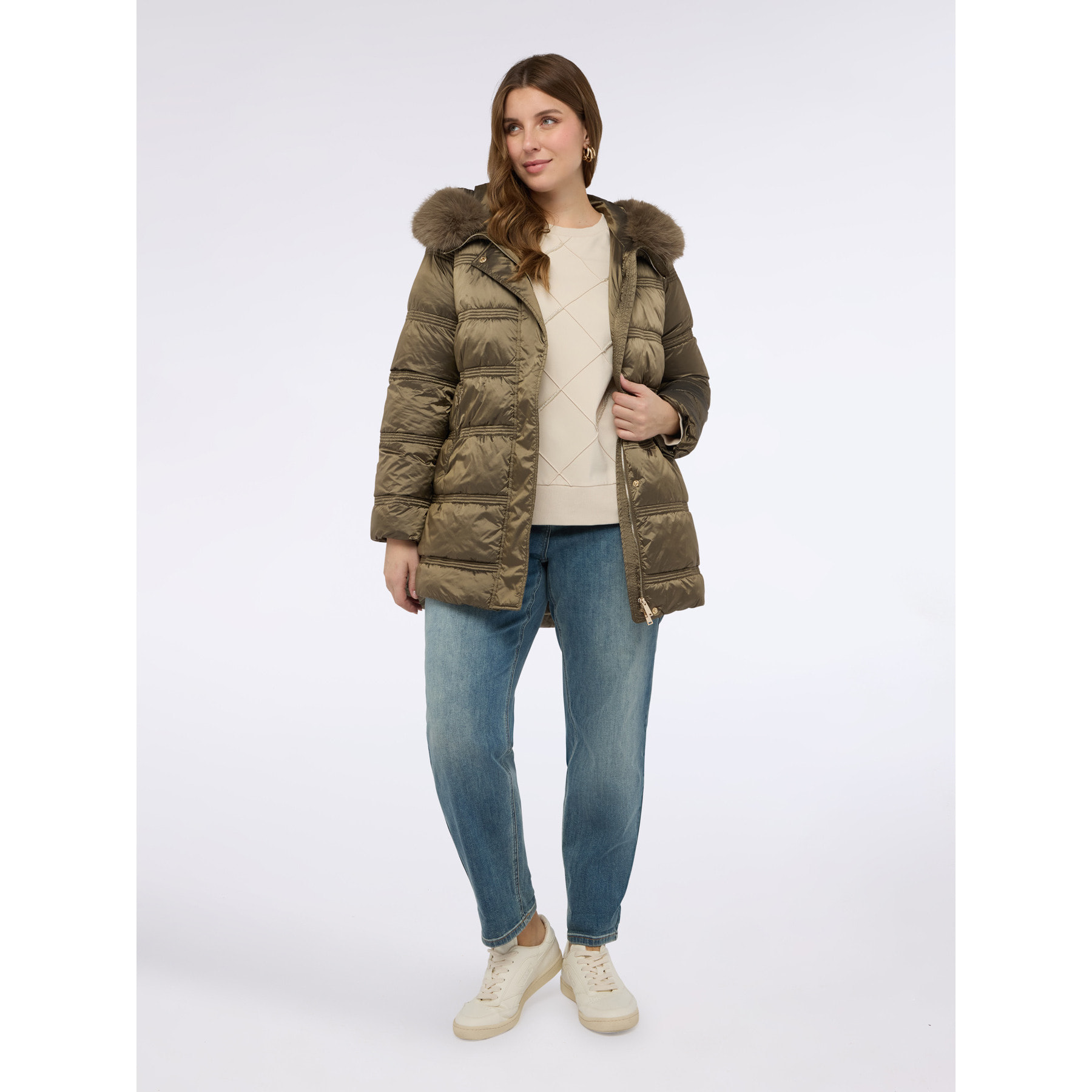 Fiorella Rubino - Piumino con cappuccio e bordatura peluches - Verde militare