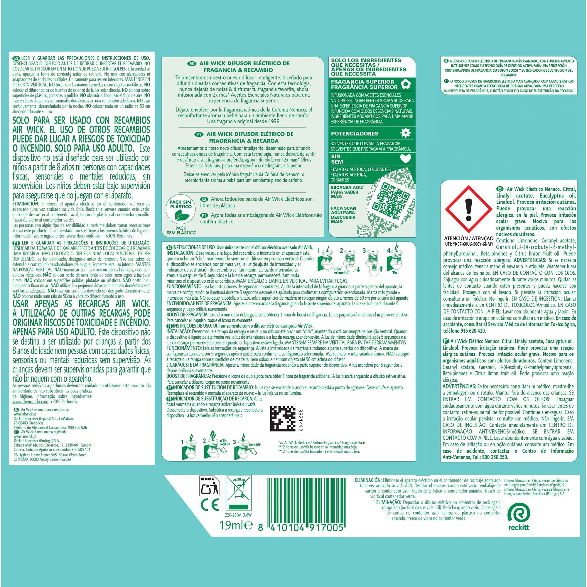 Air Wick Ambientador Eléctrico - Ambientador difusor inteligente con tecnología Anti-Fading con aroma a Nenuco - Aparato y Recambio