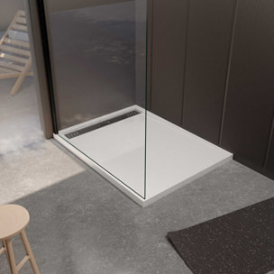 Receveur de douche en résine blanc 80x120x3 cm effet pierre granit + grille linéaire chrome