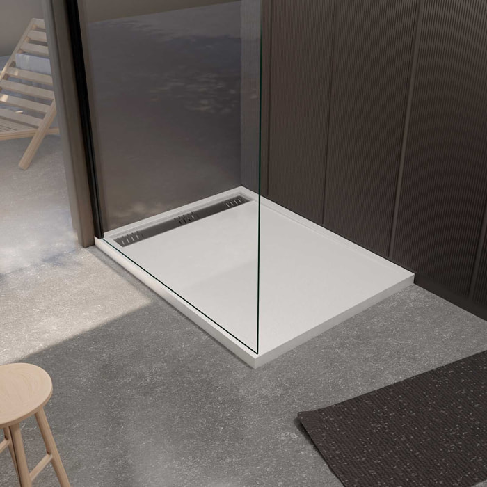 Receveur de douche en résine blanc 80x120x3 cm effet pierre granit + grille linéaire chrome