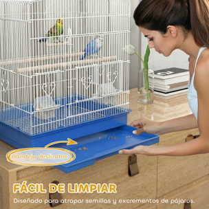 Jaula para Pájaros, Jaula de Acero para Pájaros con Puertas, 2 Comederos, 2 Perchas, Columpio, Bandeja Extraíble y Asa de Transporte, para Loro, Canario, Periquito, 46,5x36x59 cm, Azul