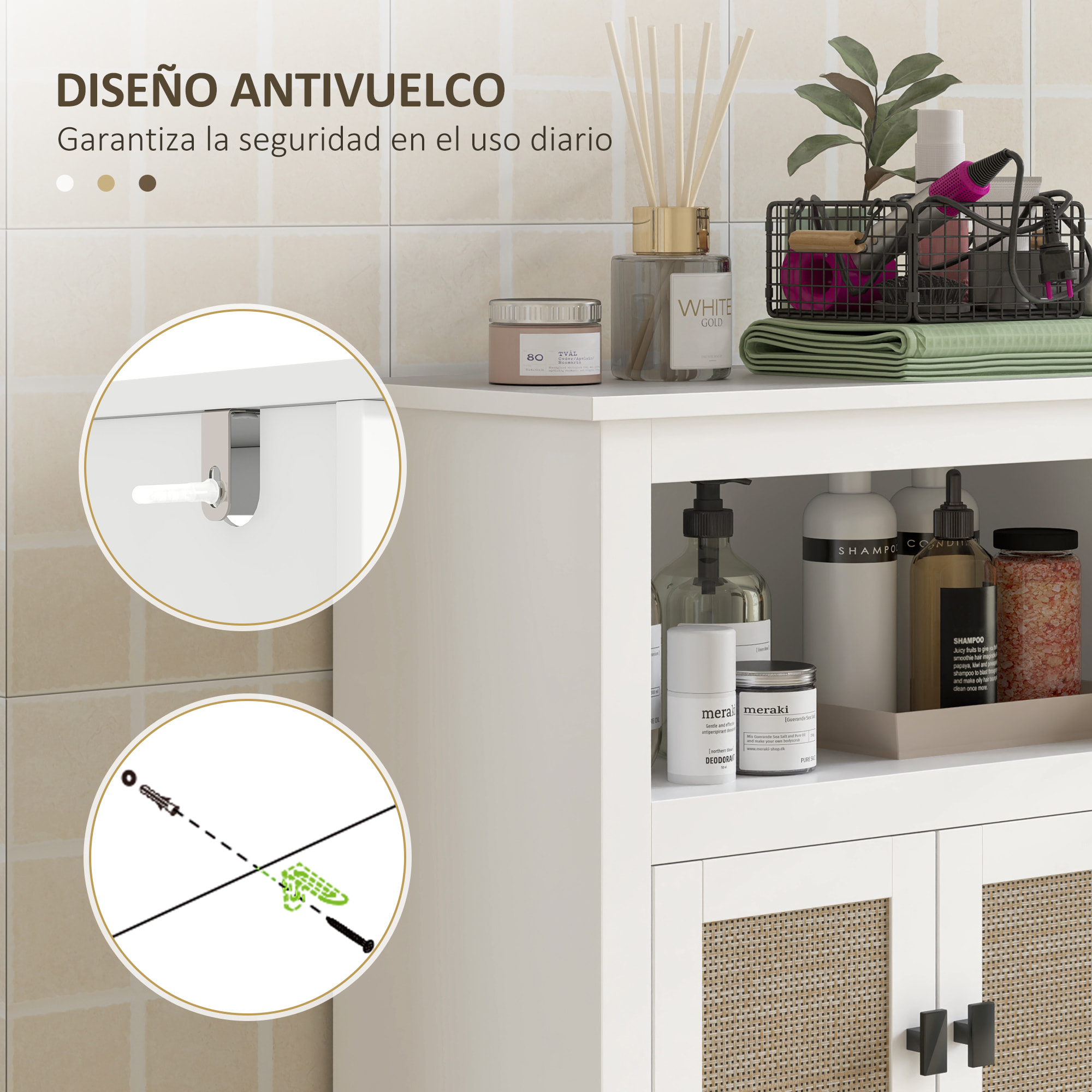 Mueble Auxiliar de Baño con 2 Puertas con Frontal de Ratán Armario de Baño con Estante Ajustable y Compartimento Abierto 60x30x90 cm Blanco