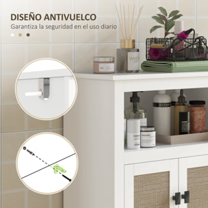 Mueble Auxiliar de Baño con 2 Puertas con Frontal de Ratán Armario de Baño con Estante Ajustable y Compartimento Abierto 60x30x90 cm Blanco