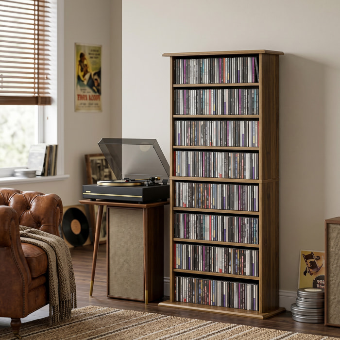 Étagère range CD - meuble rangement CD DVD - 8 compartiments, 6 étagères réglables - effet bois