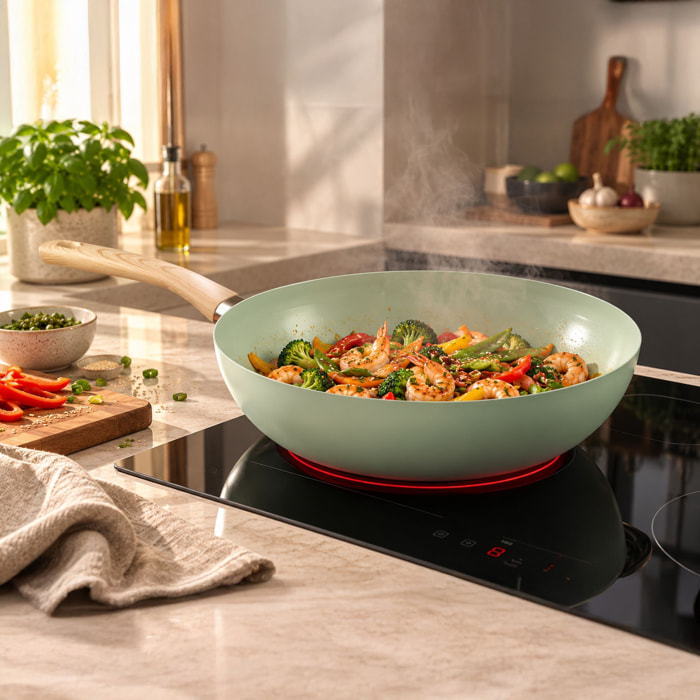 Wok 28cm avec revêtement céramique céladon - tous feux COLORAMA
