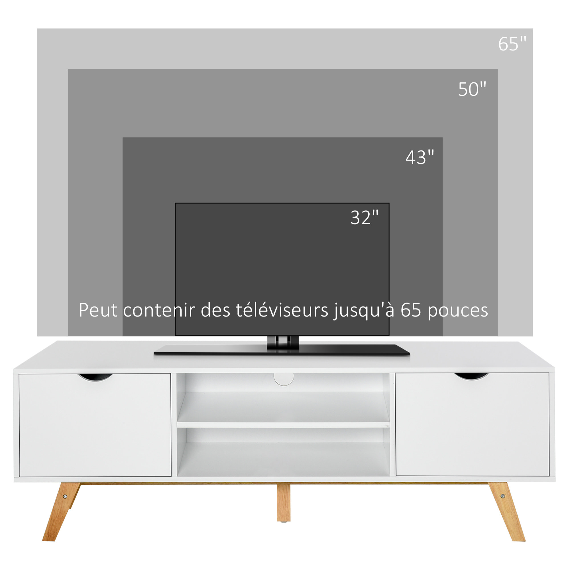 Meuble TV bas sur pied style scandinave 2 portes 2 niches passe-fils panneaux particules MDF blanc bois massif hévéa