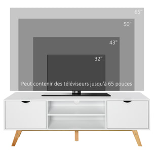 Meuble TV bas sur pied style scandinave 2 portes 2 niches passe-fils panneaux particules MDF blanc bois massif hévéa