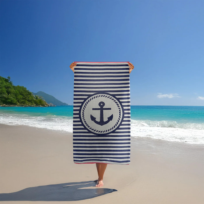 Serviette de plage éponge velours Jacquard Bleu 90x170 400g/m² - Ankuri