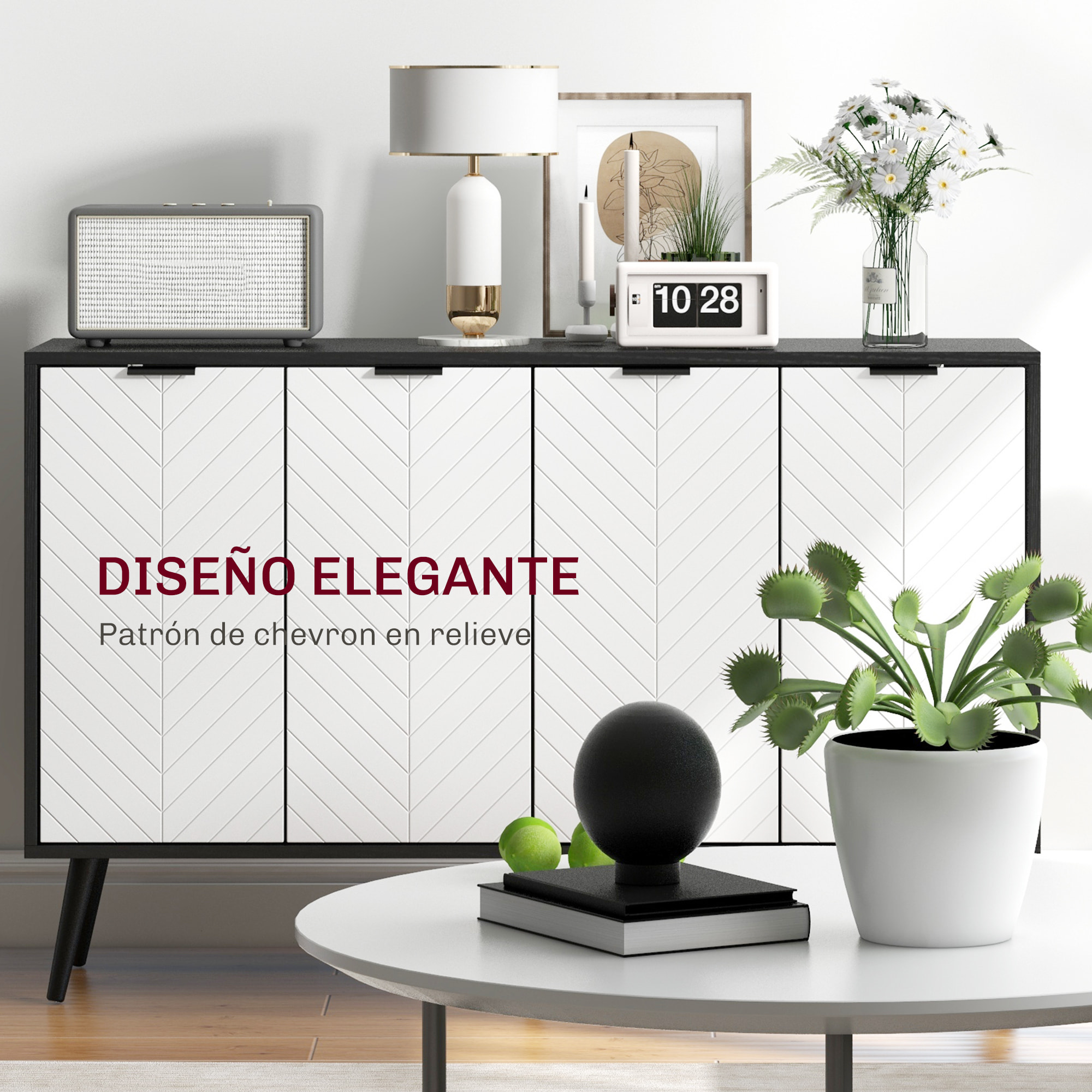 Aparador de 4 Puertas, Aparador de Salón con Estantes Ajustables, Patas de Madera, Puertas con Patrón de Espiga, para Cocina, Entrada, Dormitorio, Blanco y Negro, 120x35x77,4 cm