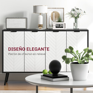 Aparador de 4 Puertas, Aparador de Salón con Estantes Ajustables, Patas de Madera, Puertas con Patrón de Espiga, para Cocina, Entrada, Dormitorio, Blanco y Negro, 120x35x77,4 cm