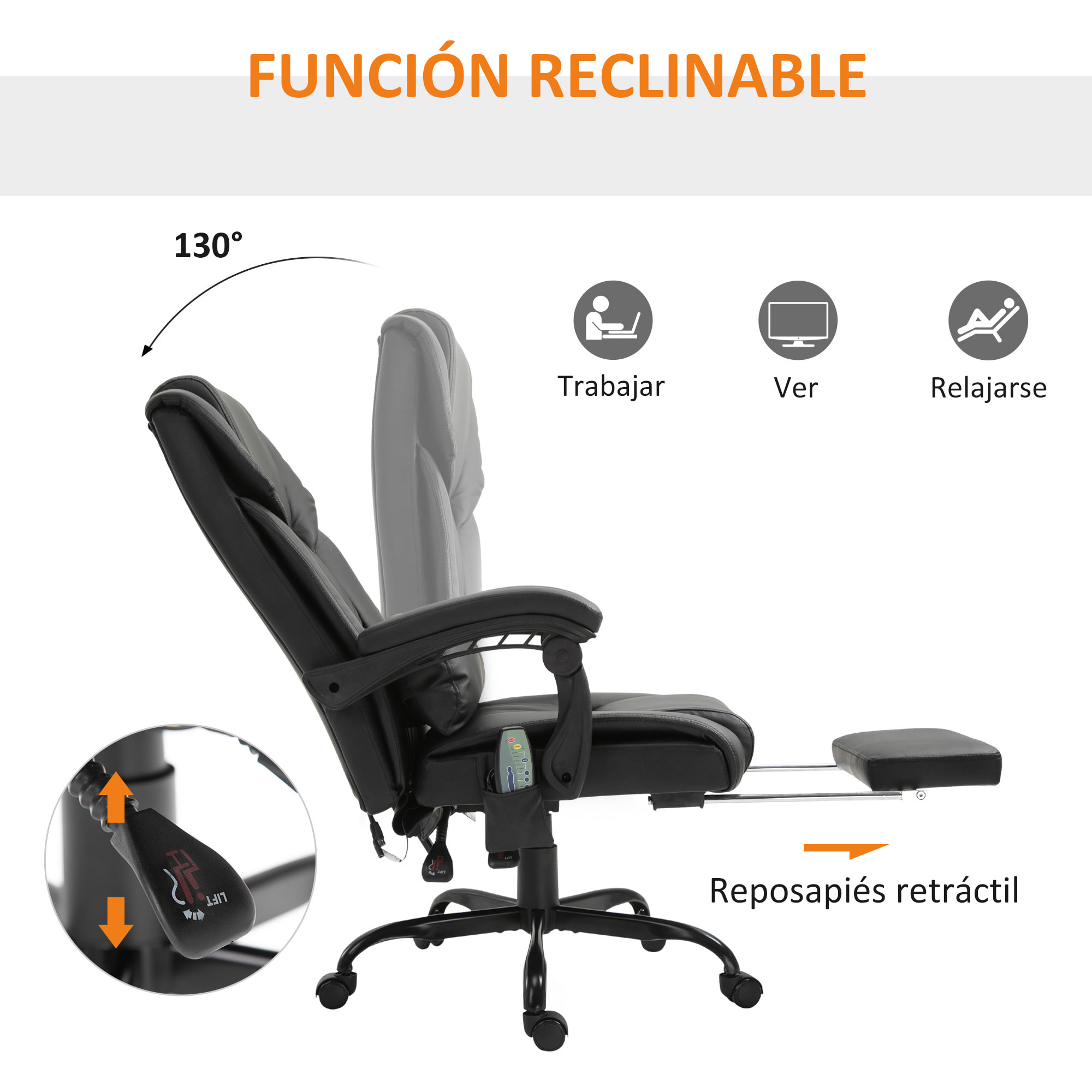 Silla de Oficina con Masaje de 6 Puntos Silla de Escritorio Giratoria con Respaldo Alto Reclinable Altura Ajustable Reposapiés y Mando a Distancia