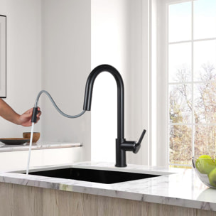 B-Way set mitigeur lavabo + mitigeur cuisine Ceramia Timeless acier inoxydable, douchette extractible, noir mat (SATTMLBM271)