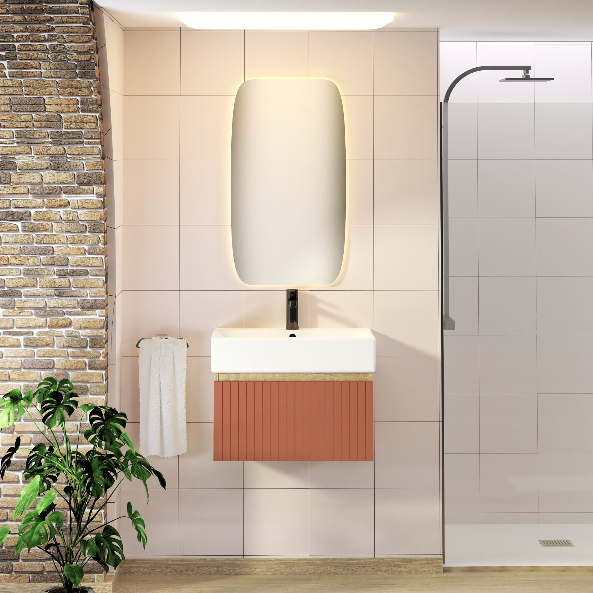 Conjunto de Baño Zel | Mueble Suspendido | 60 cm Scarlato | Un Cajón | Lavabo Encastrado | No incluye Espejo | Mueble Montado| Alday