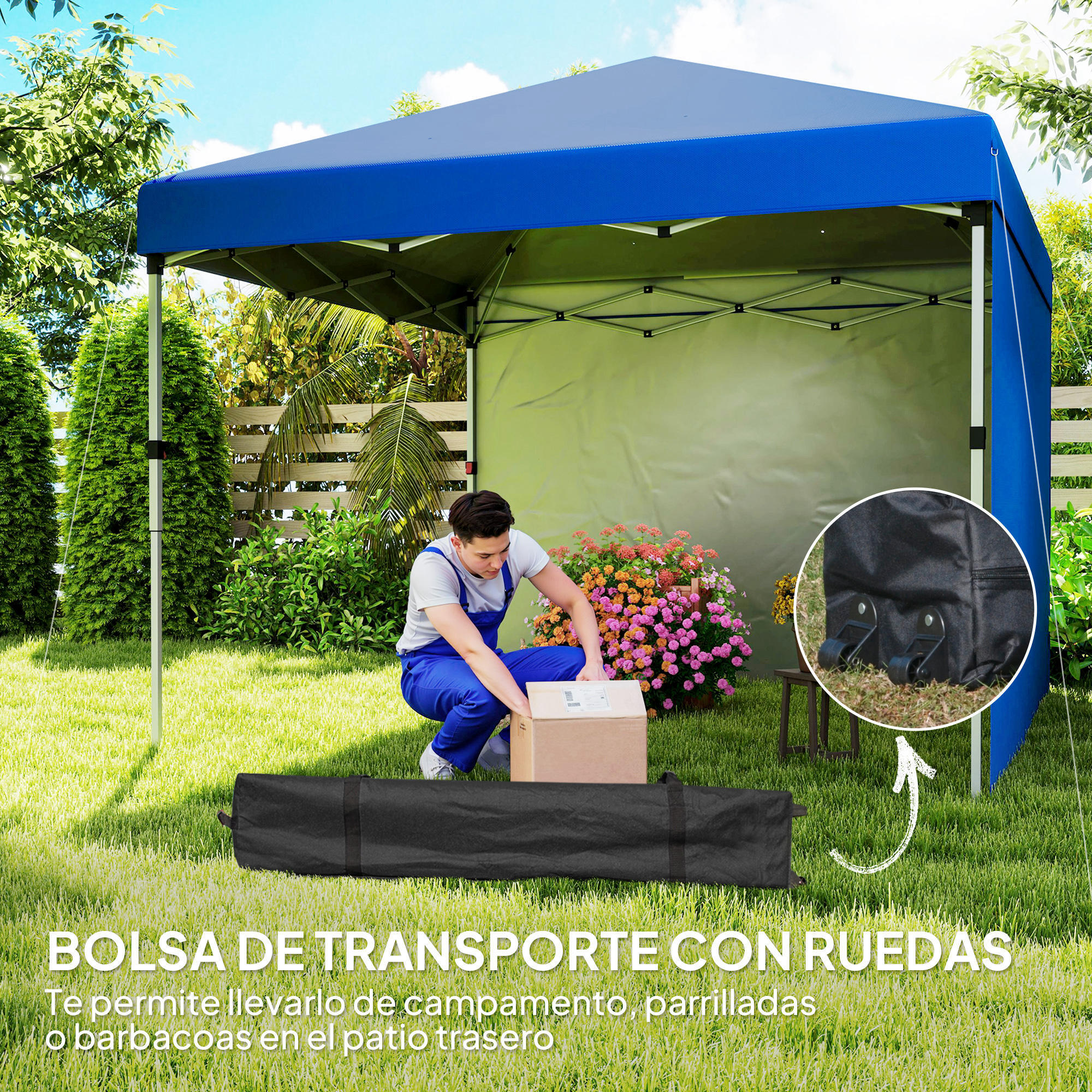 Carpa Plegable Pop-up Gazebo 3x3 m Cenador Plegable con 2 Paredes Laterales Anti-UV Altura Ajustable en 3 Niveles Sacos de Arena y Bolsa de Transporte con Ruedas para Camping Fiestas Azul