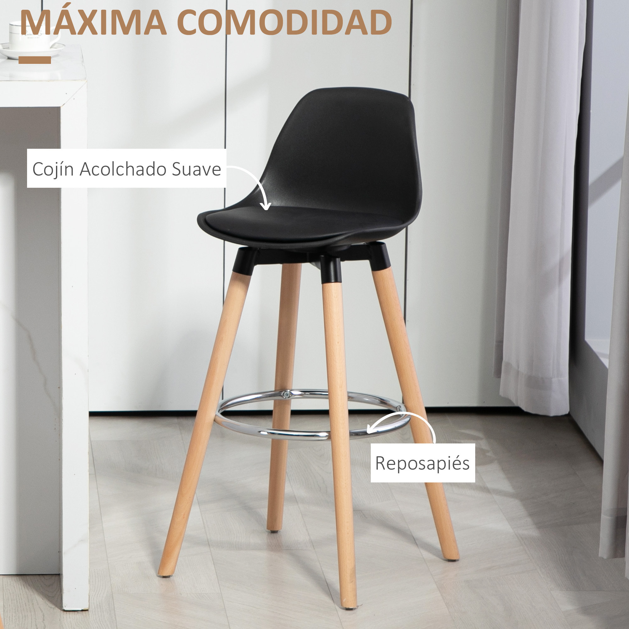 Juego de 2 Taburetes Altos de Cocina Altura Asiento 69 cm Taburetes de Bar Sillas Altas de Cocina Tapizado en PU con Respaldo Patas de Madera para Comedor Negro