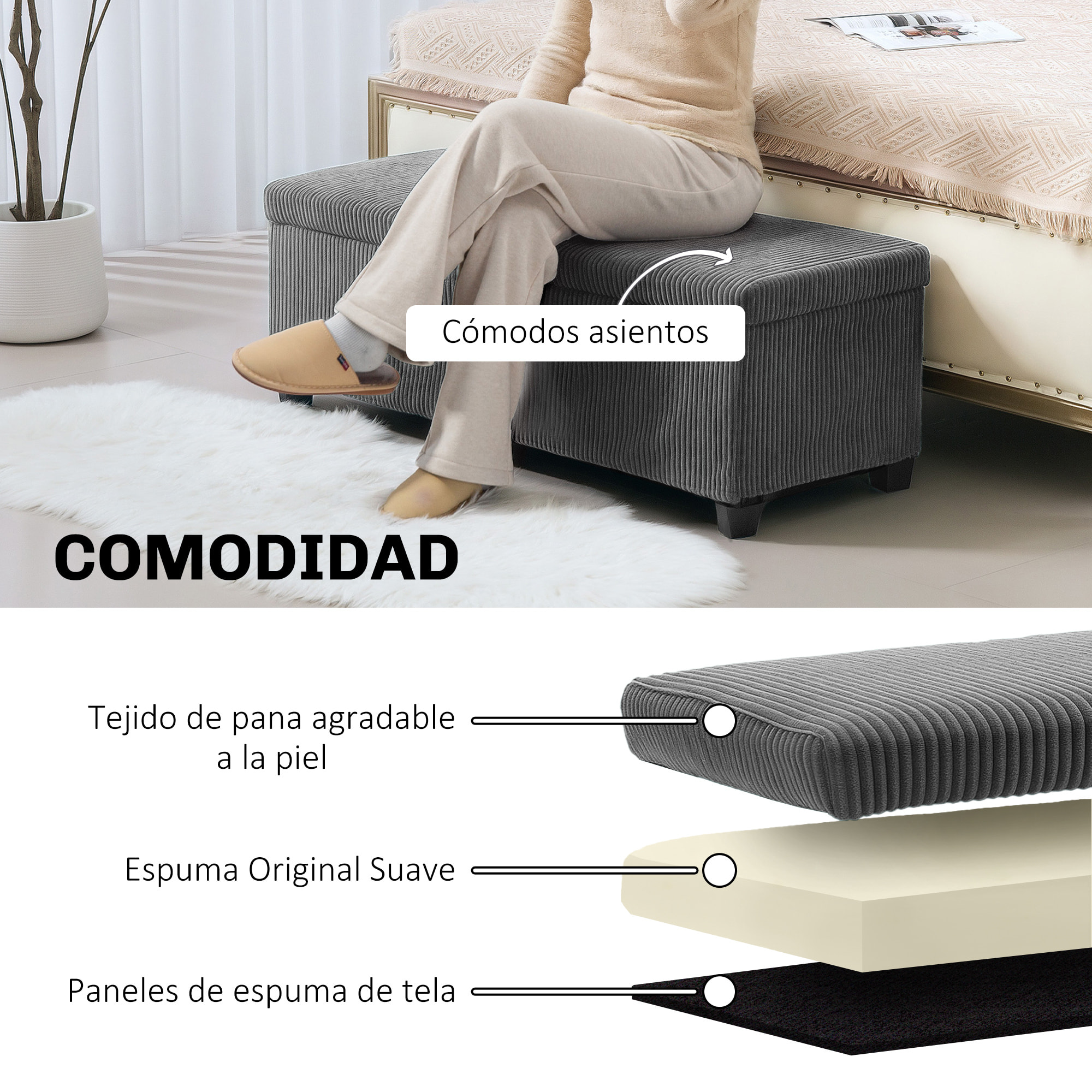 Puff Almacenaje, Banco Almacenaje Plegable, Capacidad de 84 L, 112x42x40 cm, Tapizado en Pana, Pie de Cama, para Sala de Estar, Dormitorio, Entrada, Gris