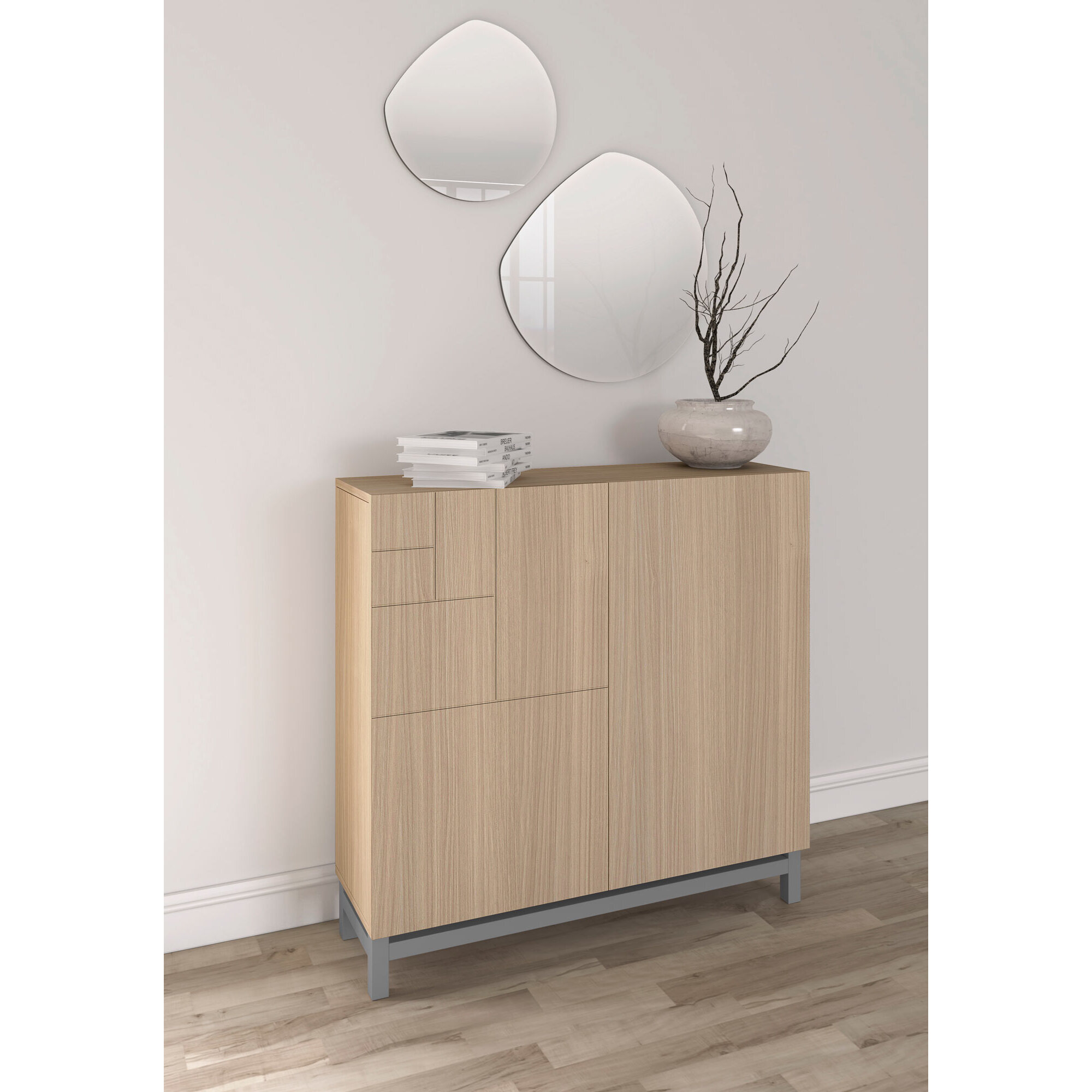 Zapatero Copenhague melamina nogal claro patas gris 90x90x27 cm