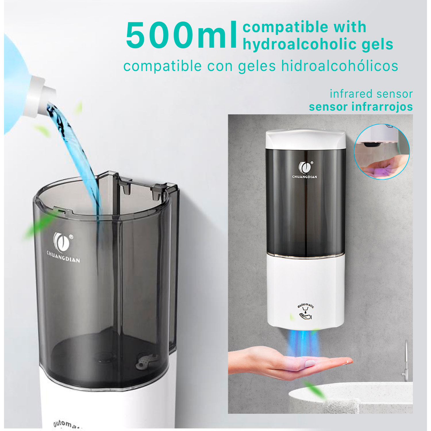 Dispensador automático por infrarojos de gel hidroalcohólico de 500 ml con soporte de pie y de pared.
