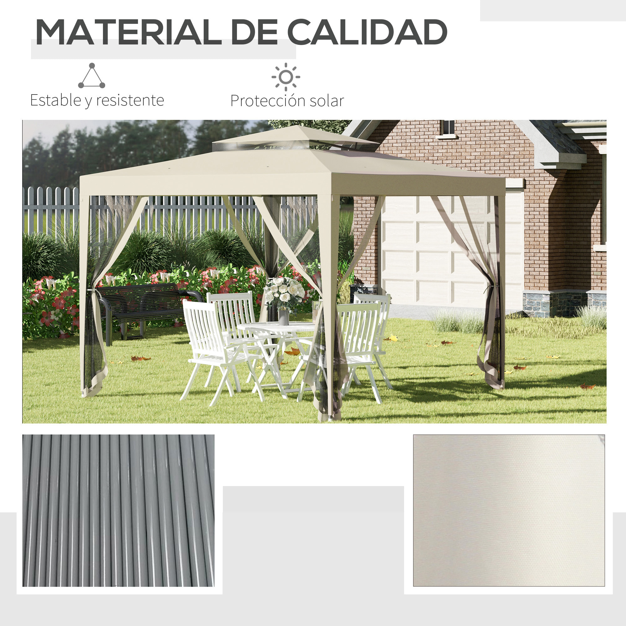 Carpa de Jardín 3x3 m Cenador Desmontable de Exterior Gazebo con 4 Mosquiteras Laterales Techo Doble y Marco Metálico Anti-UV Impermeable Pabellón para Terraza Patio Beige