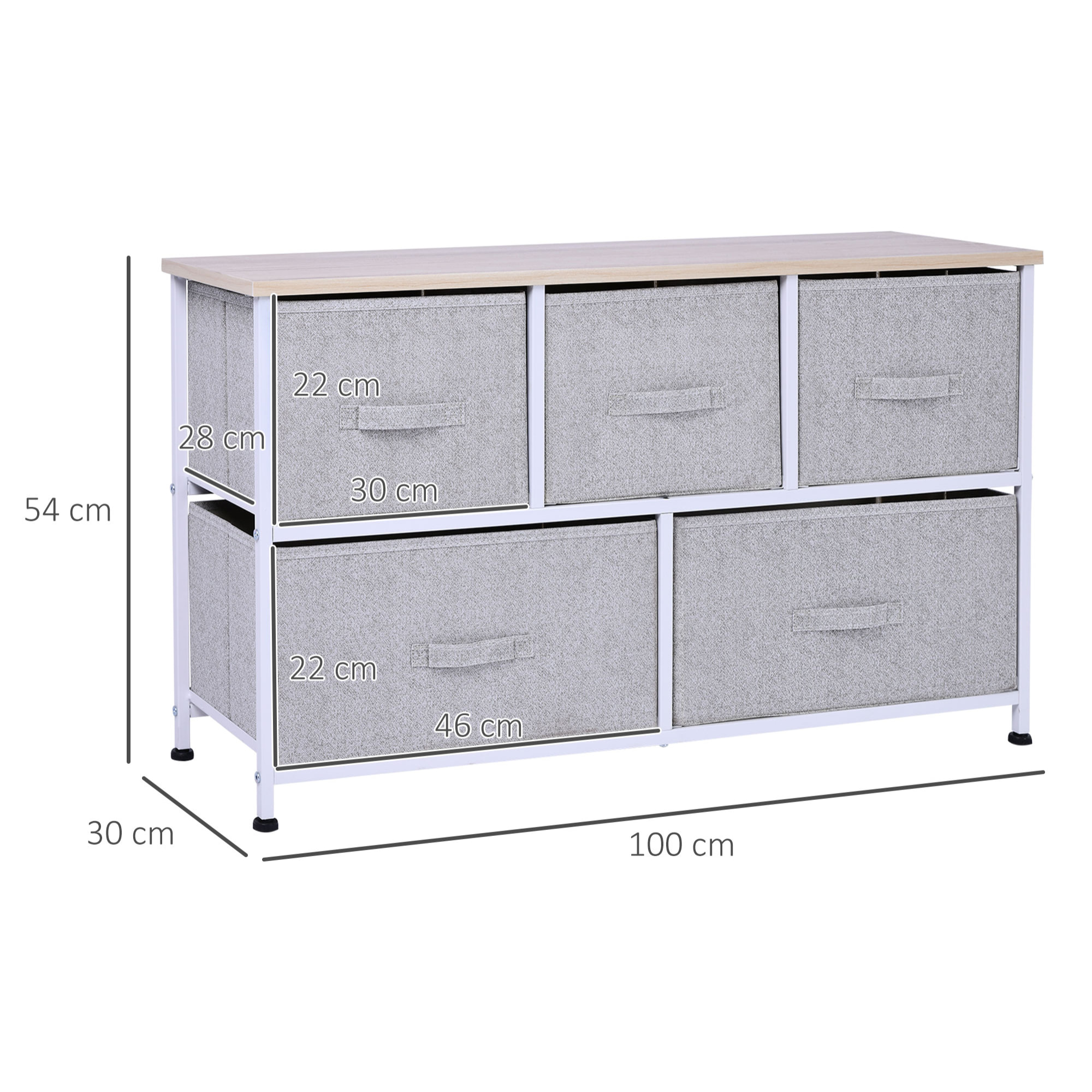 Commode meuble de rangement dim. 100L x 30l x 54H cm 5 tiroirs non-tissés gris structure métal blanc plateau MDF bois clair