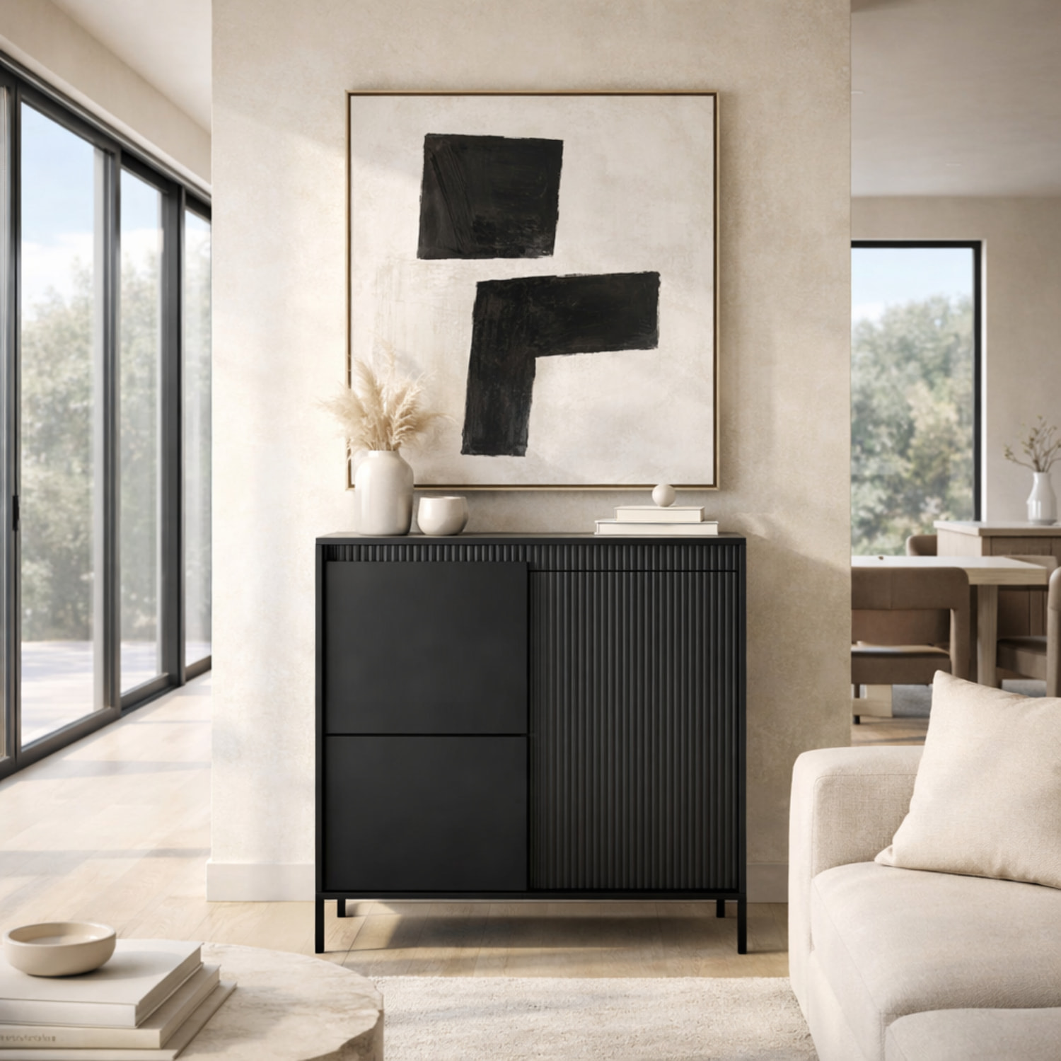 Credenza Alta 3 Ante Push To Open Con 5 Ripiani 7 Vani Mobile Soggiorno Salotto Zona Living Design Moderno Minimal 103.5 x 123.4 x 39.5 Cm Nero