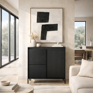 Credenza Alta 3 Ante Push To Open Con 5 Ripiani 7 Vani Mobile Soggiorno Salotto Zona Living Design Moderno Minimal 103.5 x 123.4 x 39.5 Cm Nero