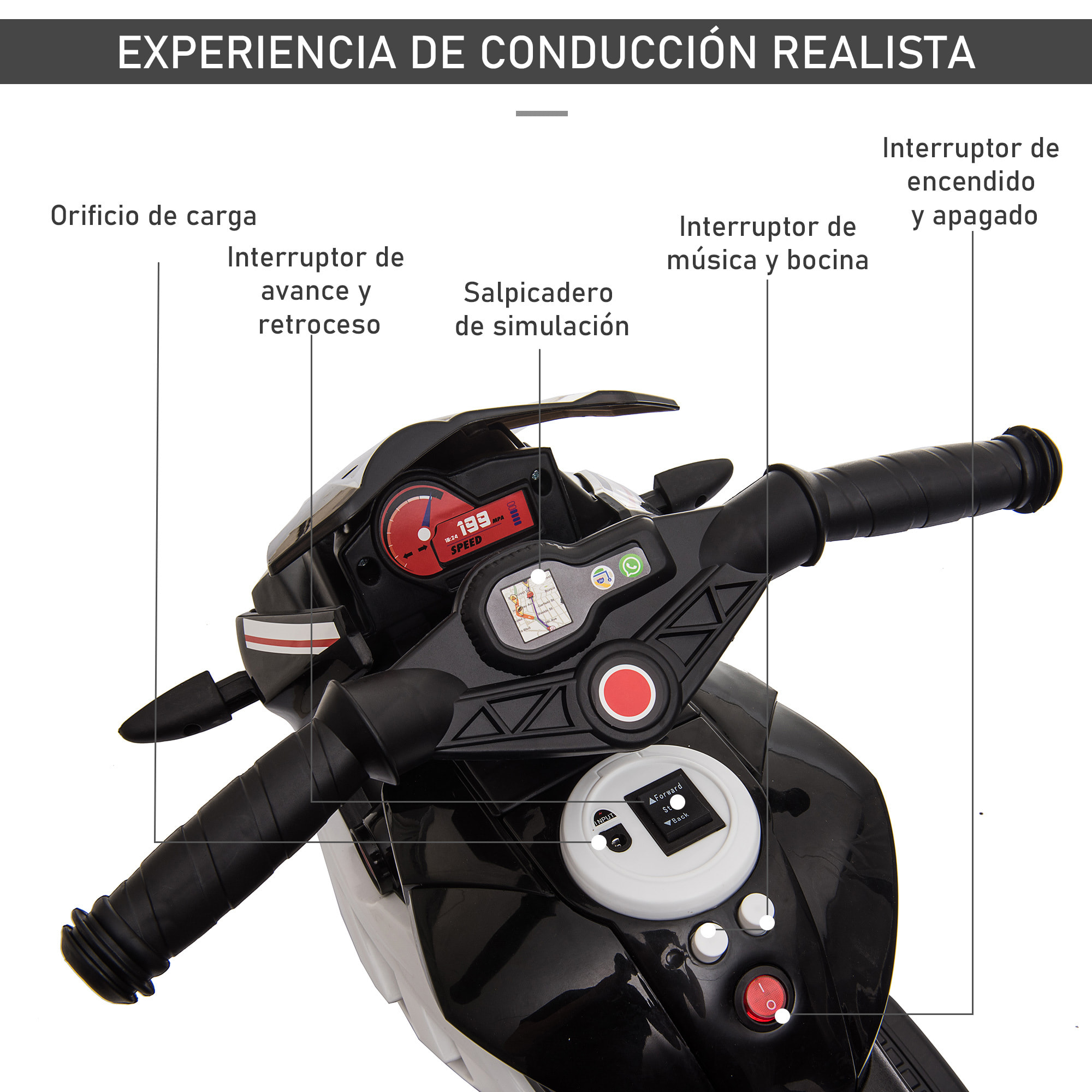 Moto Eléctrica Infantil +3 Años con Batería 6V Música Bocina Faros Negro Blanco