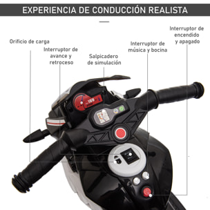 Moto Eléctrica Infantil +3 Años con Batería 6V Música Bocina Faros Negro Blanco