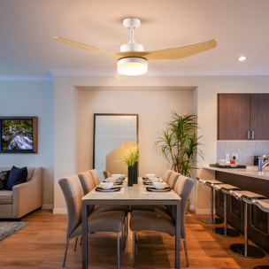 Ventilador de Techo con Luz LED Motor DC 20,5W con Mando a Distancia Ajustable de 3 Niveles 3 Aspas Reversibles 6 Velocidades y Temporizador Ø132x40 cm Natural