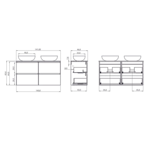 Ensemble Salle de Bain Kaji | Meuble Suspendu | 140 cm Blanc | 4 Tiroirs | Lavabo sur Plan | N'inclut pas Miroir | Alday