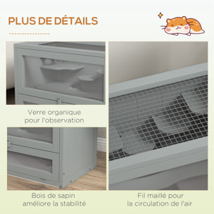 Cage pour hamsters souris petits rongeurs multi-équipements rampe plateformes toit ouvrant grillagé porte bois de sapin plexiglas gris